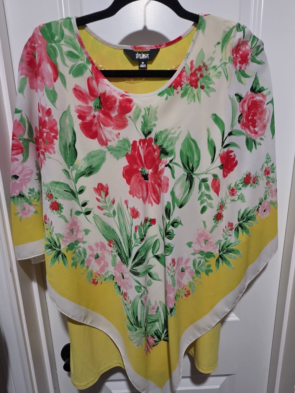 Investments Yellow Floral Poncho Top with Pink & Green Print - Picture 6 of 8